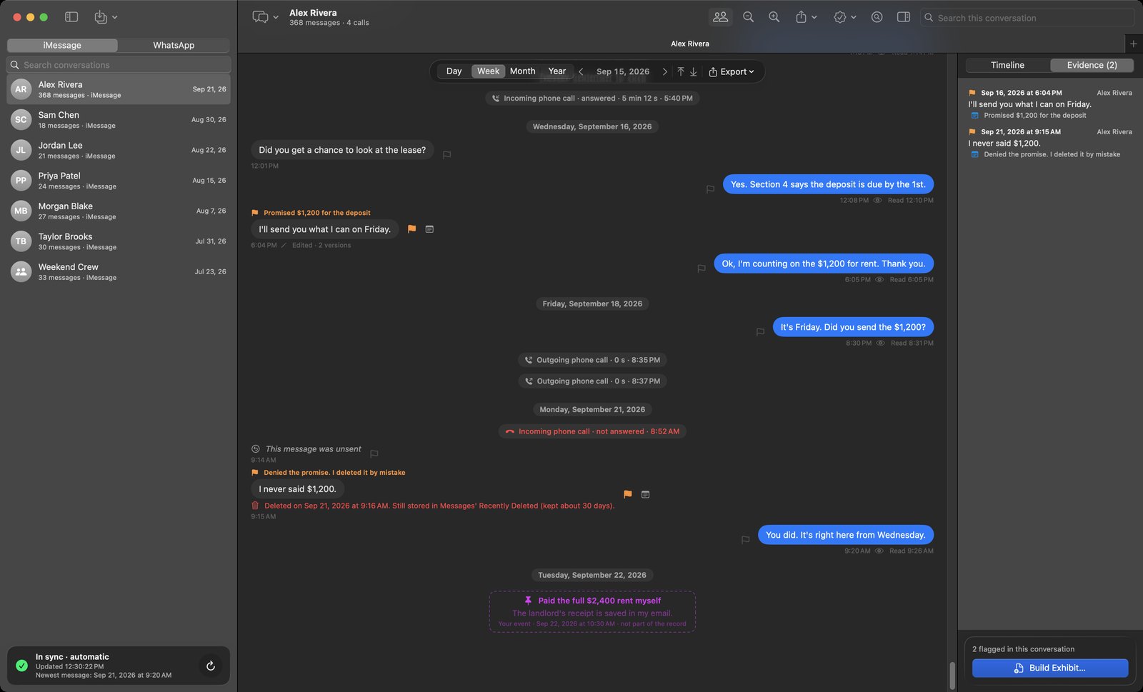 The Sealed Thread window: Alex Rivera's conversation with the $1,200 promise, unanswered calls, the unsent message, the denial and the user's event, and both messages flagged as evidence with notes