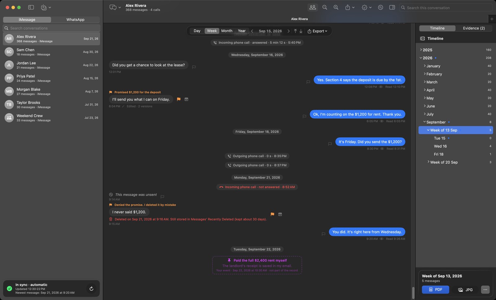 Alex Rivera's conversation from September 15 to 22, 2026: the edited promise, the reply, the Friday message, unanswered calls, the unsent message, the denial from Recently Deleted and a user event