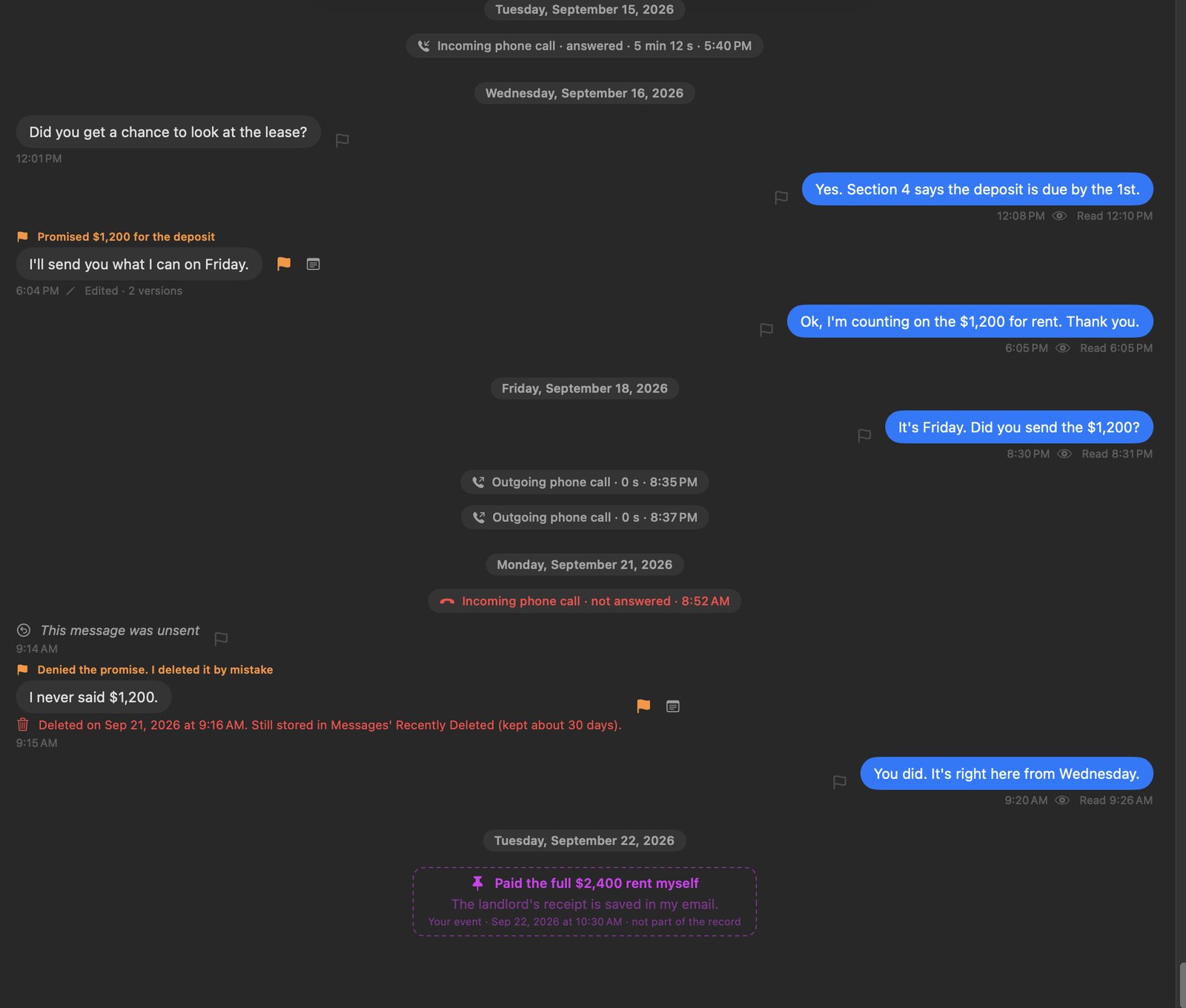 The conversation with an answered call on September 15, two unanswered outgoing calls on Friday, a missed incoming call and an unsent message on Monday, and the user's event: paid the full $2,400 rent myself