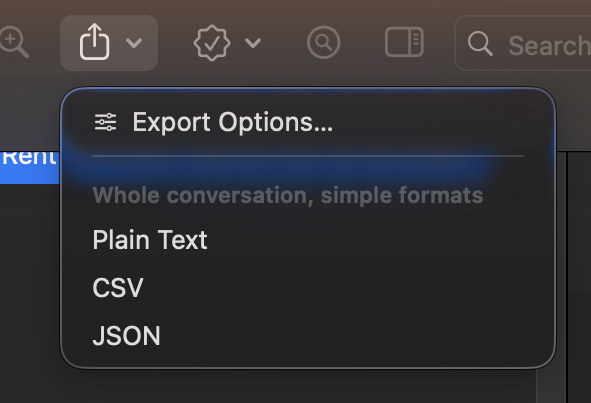 The Export menu: Export Options, or the whole conversation as plain text, CSV or JSON