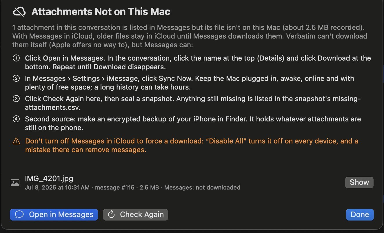 Attachments Not on This Mac: IMG_4201.jpg, 2.5 MB, Messages says not downloaded, with steps to download it in Messages