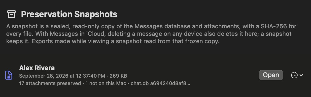 Preservation snapshot of Alex Rivera: 17 attachments preserved, 1 not on this Mac, with the database fingerprint