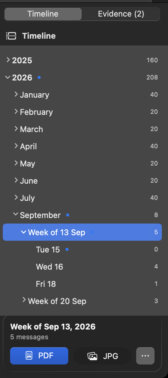 The Timeline panel open at the week of September 13, 2026: Wednesday 16 has 4 messages, Friday 18 has 1